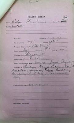 QSA566403 nd Status sheet, Thomas James Watson Police Staff file